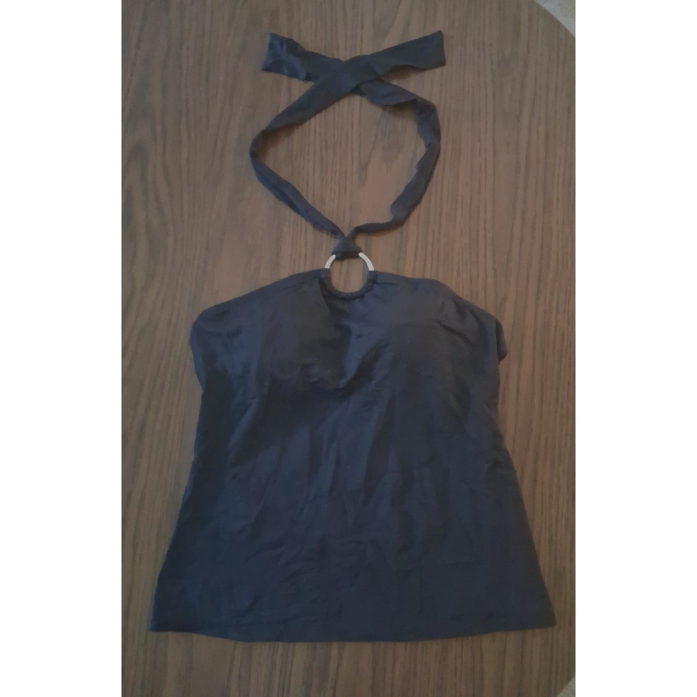 Chaps Black Halter Swim Top Size 12 Logo Ring Accent or Blouse Crinkle Fabric